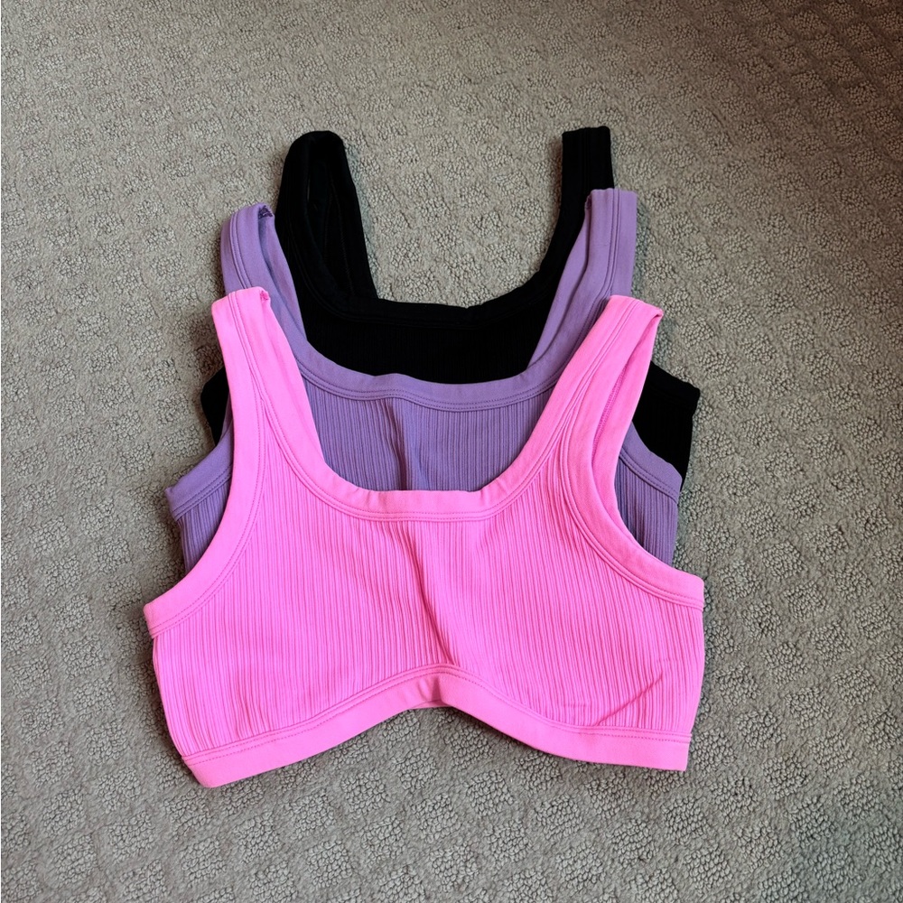 PINK Ribbed Scoop Bralette Trio in Hot Pink, Purple & Black, Size Medium
